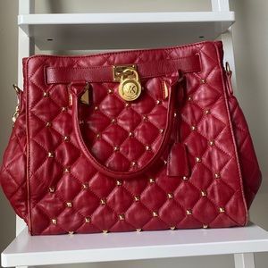Michael Kors Red Hamilton Quilted Leather Satchel Bag with Gold Studs and Chain